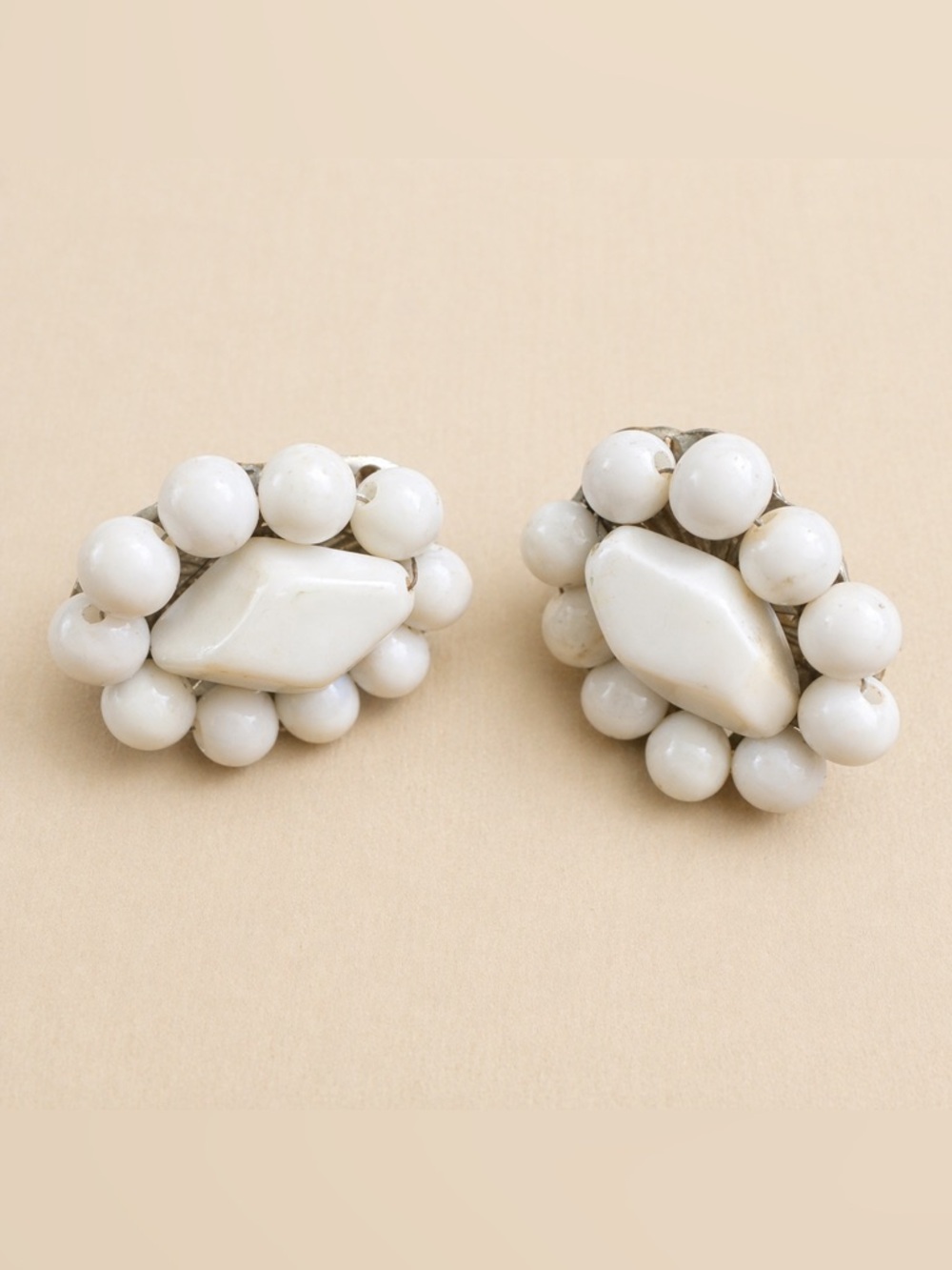 Vintage Stamped JAPAN White Circle & Diamond Beads Clip on Earrings Screw Back
